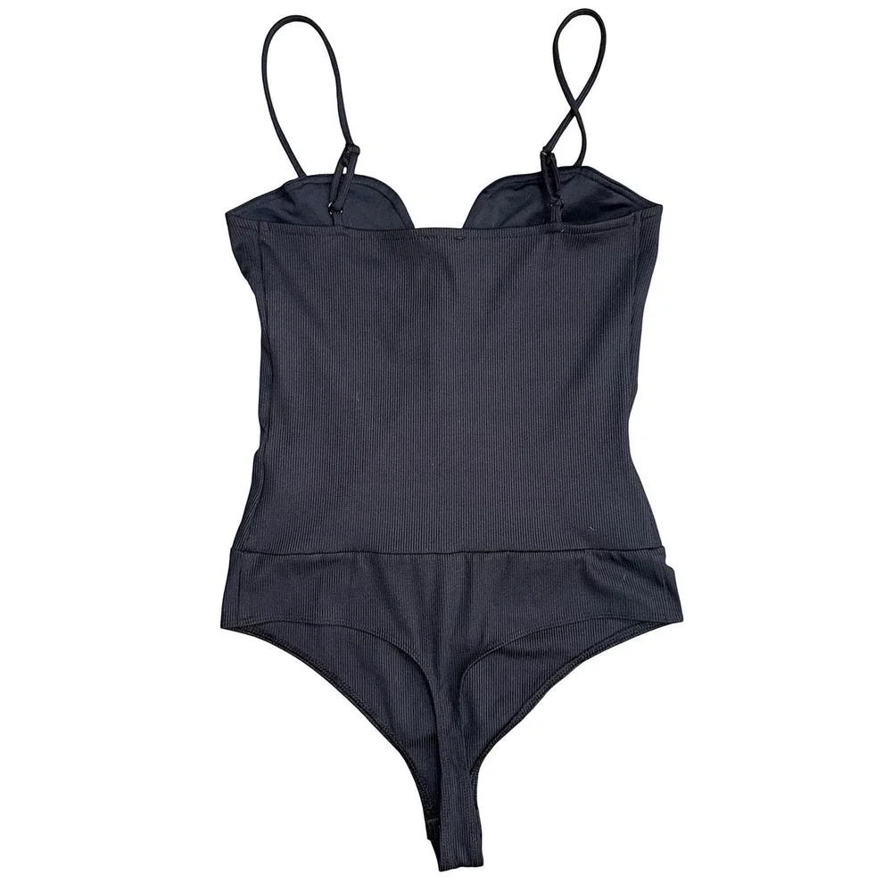 Express Body Contour Ribbed Sweetheart‎ V-Wire Bodysuit Black Medium NEW